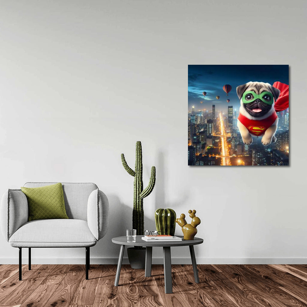 Pug-Superhero: Night Flight over the Megapolis