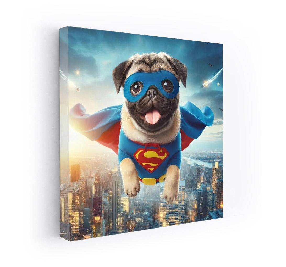 Pug Superhero: Flight Over the City