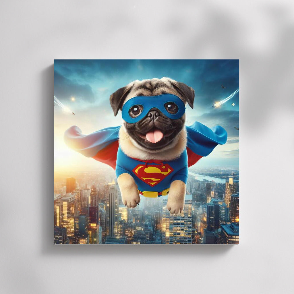 Pug Superhero: Flight Over the City
