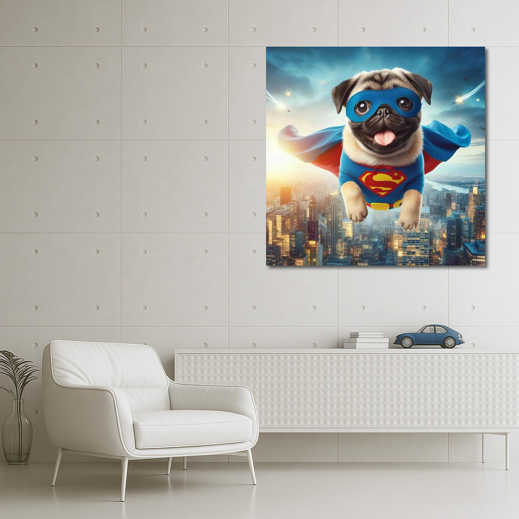 Pug Superhero: Flight Over the City