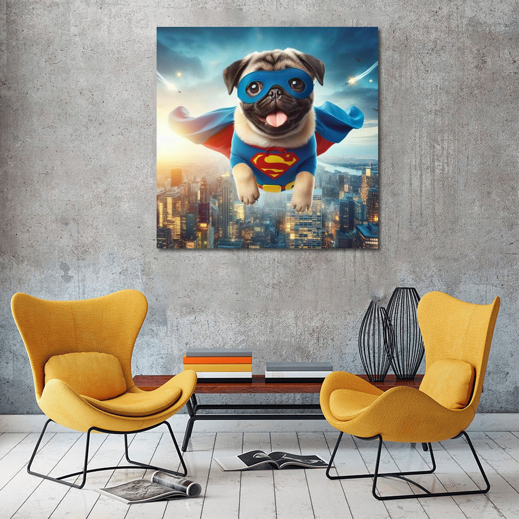 Pug Superhero: Flight Over the City