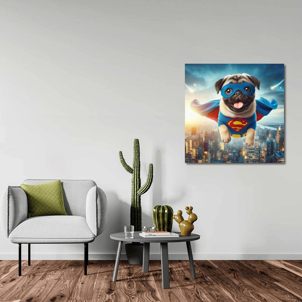 Pug Superhero: Flight Over the City