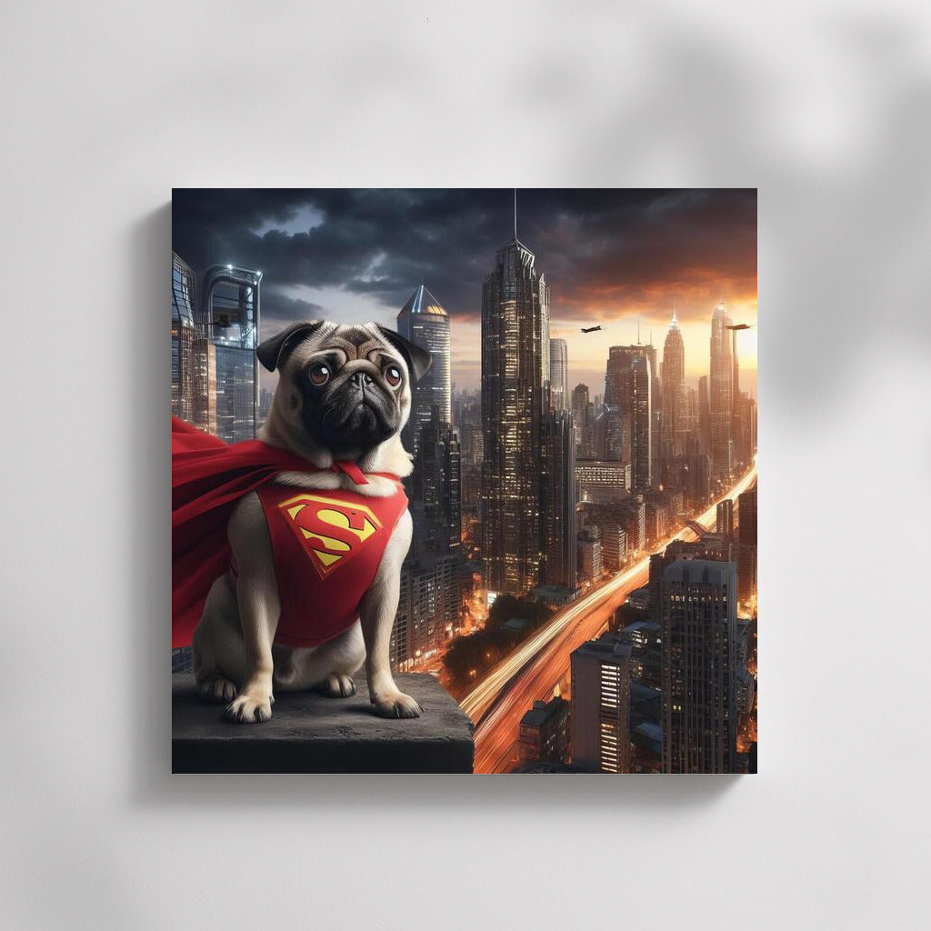 Pug Superhero in the City of the Future: Savior of the 21st Century