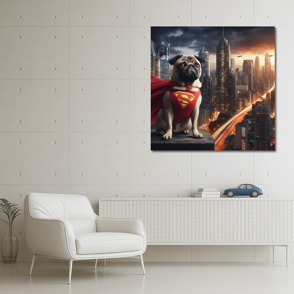 Pug Superhero in the City of the Future: Savior of the 21st Century