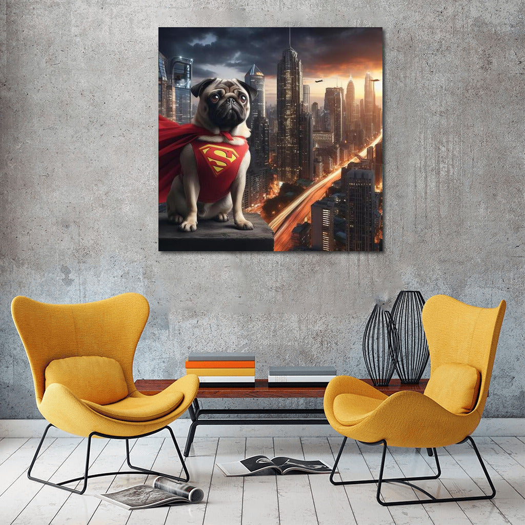 Pug Superhero in the City of the Future: Savior of the 21st Century
