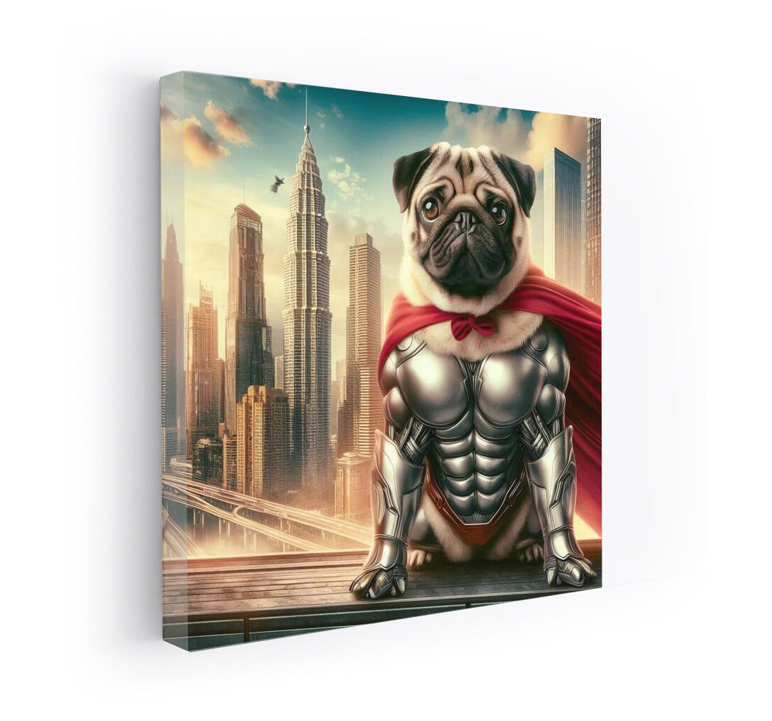 Superdog Pug in Futuristic Metropolis: Energy and Inspiration on Your Walls