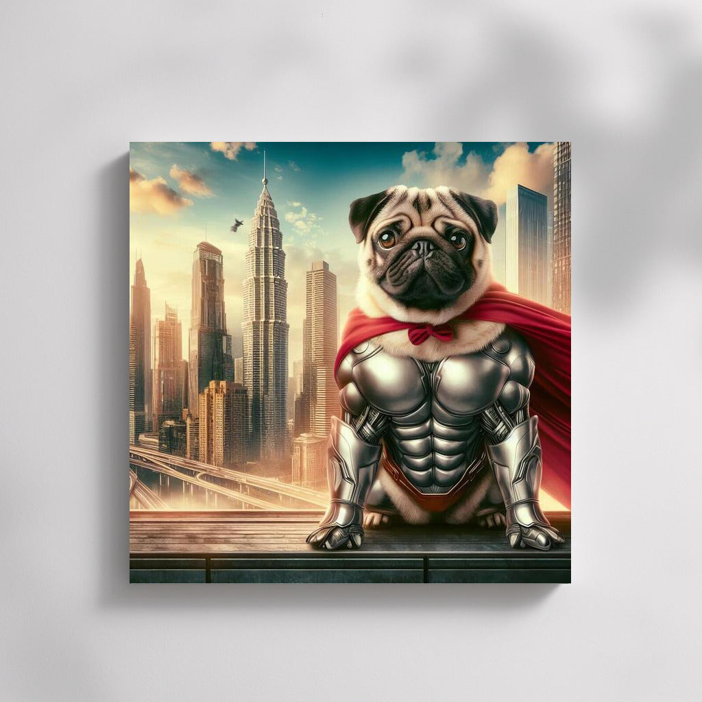 Superdog Pug in Futuristic Metropolis: Energy and Inspiration on Your Walls