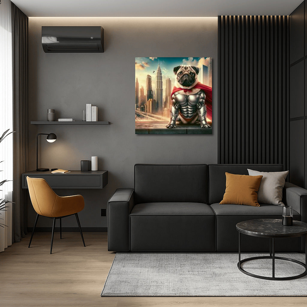 Superdog Pug in Futuristic Metropolis: Energy and Inspiration on Your Walls