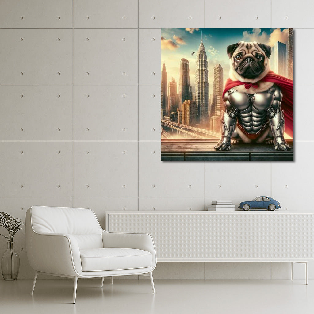 Superdog Pug in Futuristic Metropolis: Energy and Inspiration on Your Walls