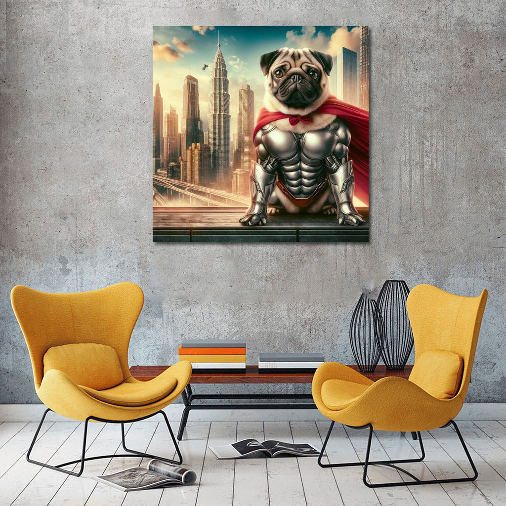 Superdog Pug in Futuristic Metropolis: Energy and Inspiration on Your Walls