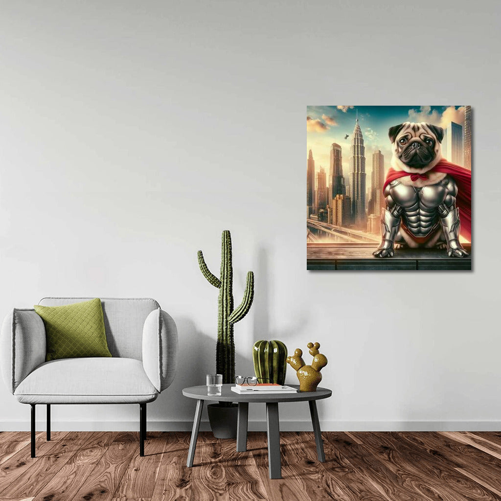 Superdog Pug in Futuristic Metropolis: Energy and Inspiration on Your Walls