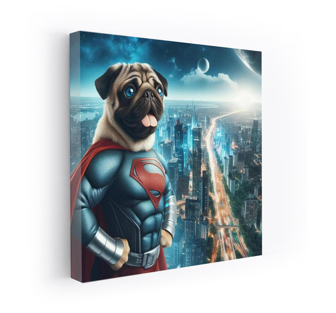 Pug Superhero in a Futuristic Metropolis: Journey into a Fantasy World