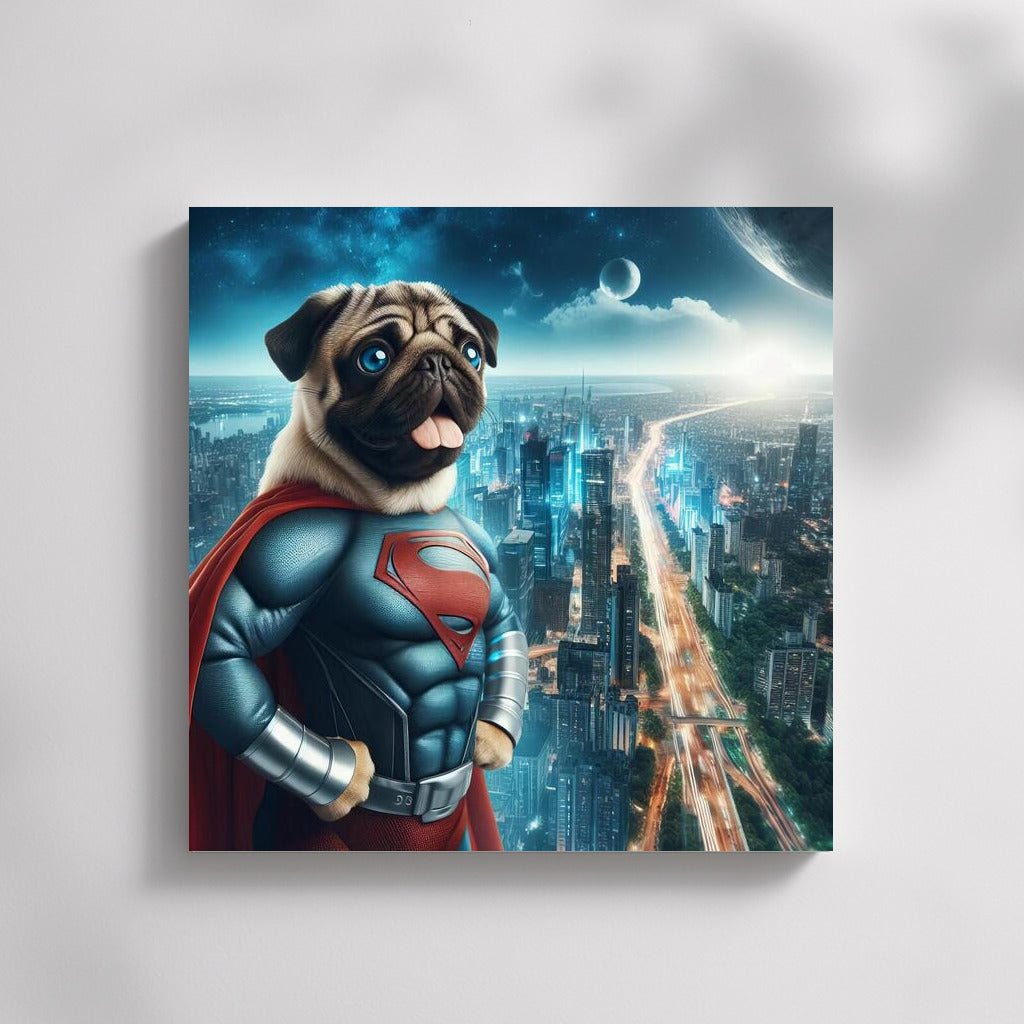 Pug Superhero in a Futuristic Metropolis: Journey into a Fantasy World
