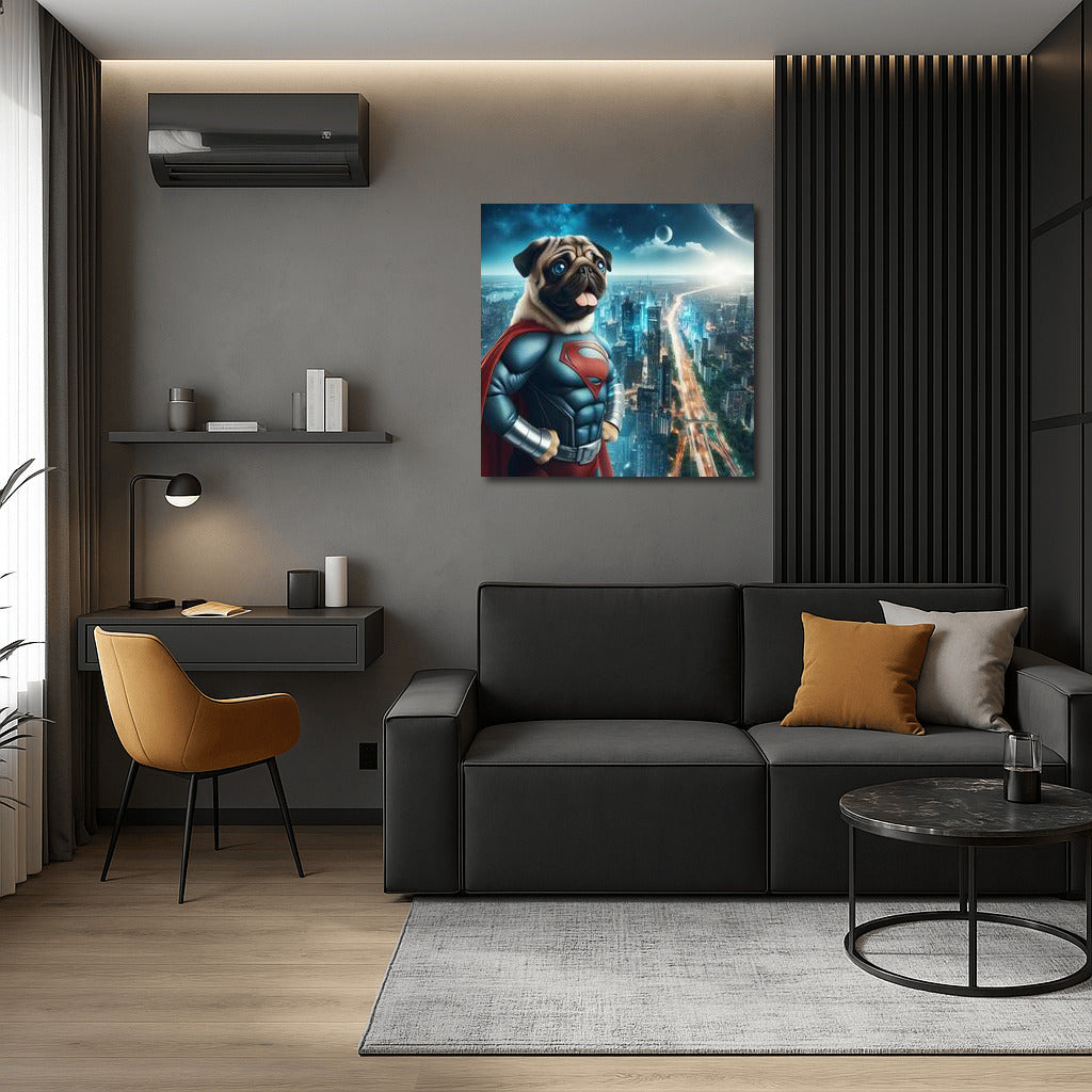 Pug Superhero in a Futuristic Metropolis: Journey into a Fantasy World
