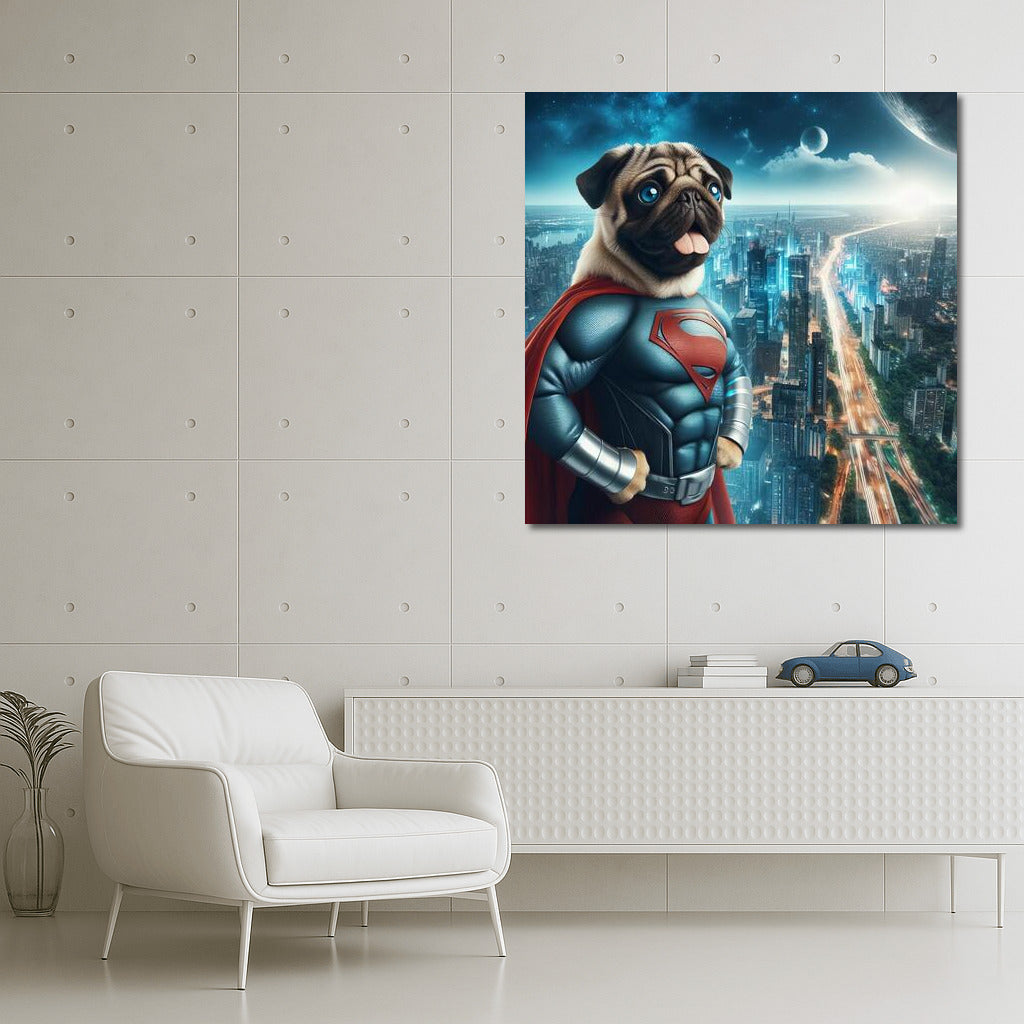 Pug Superhero in a Futuristic Metropolis: Journey into a Fantasy World