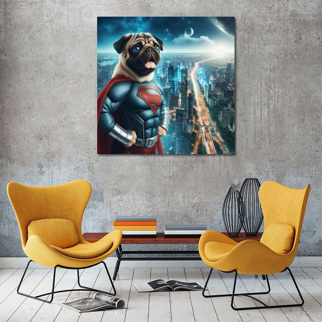Pug Superhero in a Futuristic Metropolis: Journey into a Fantasy World