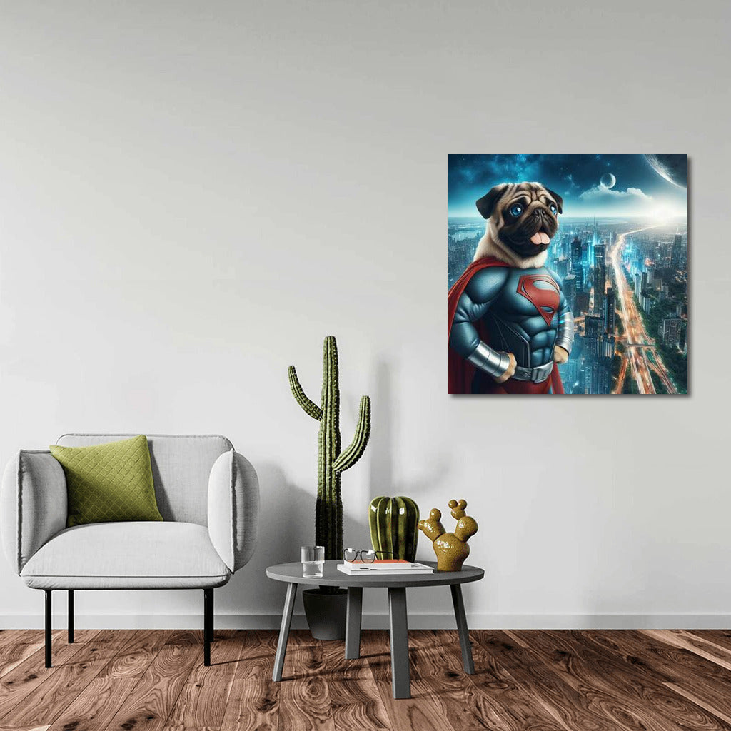Pug Superhero in a Futuristic Metropolis: Journey into a Fantasy World