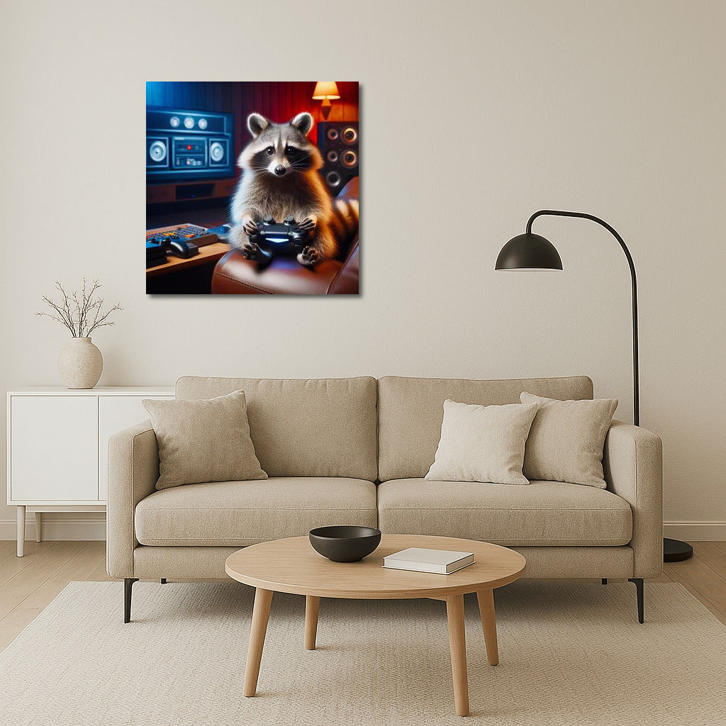 Raccoon Gamer in Home Theater: The Fun World of Video Games