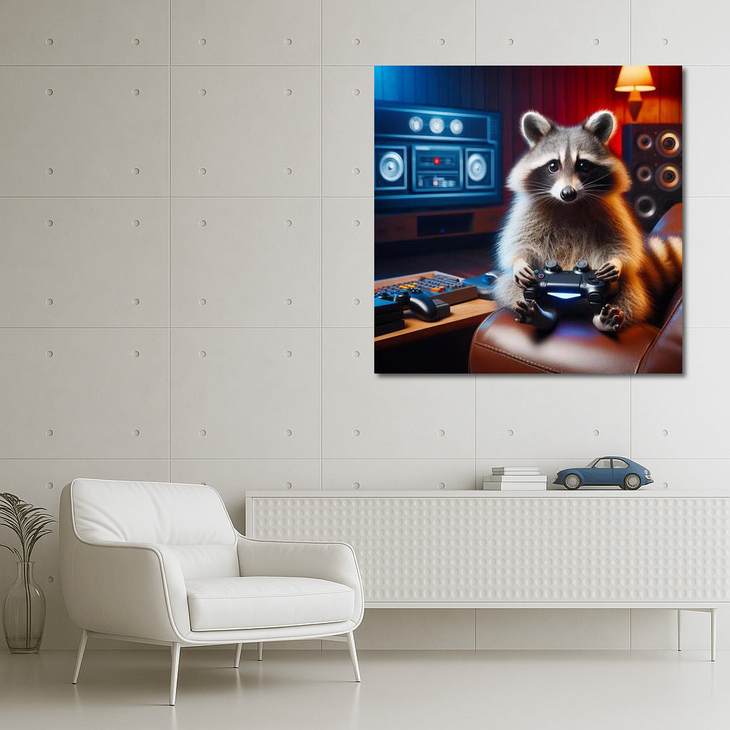 Raccoon Gamer in Home Theater: The Fun World of Video Games