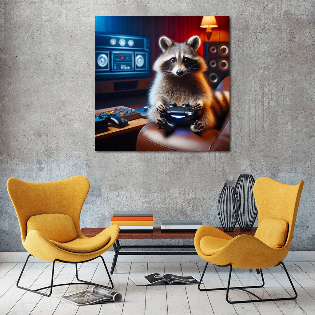 Raccoon Gamer in Home Theater: The Fun World of Video Games