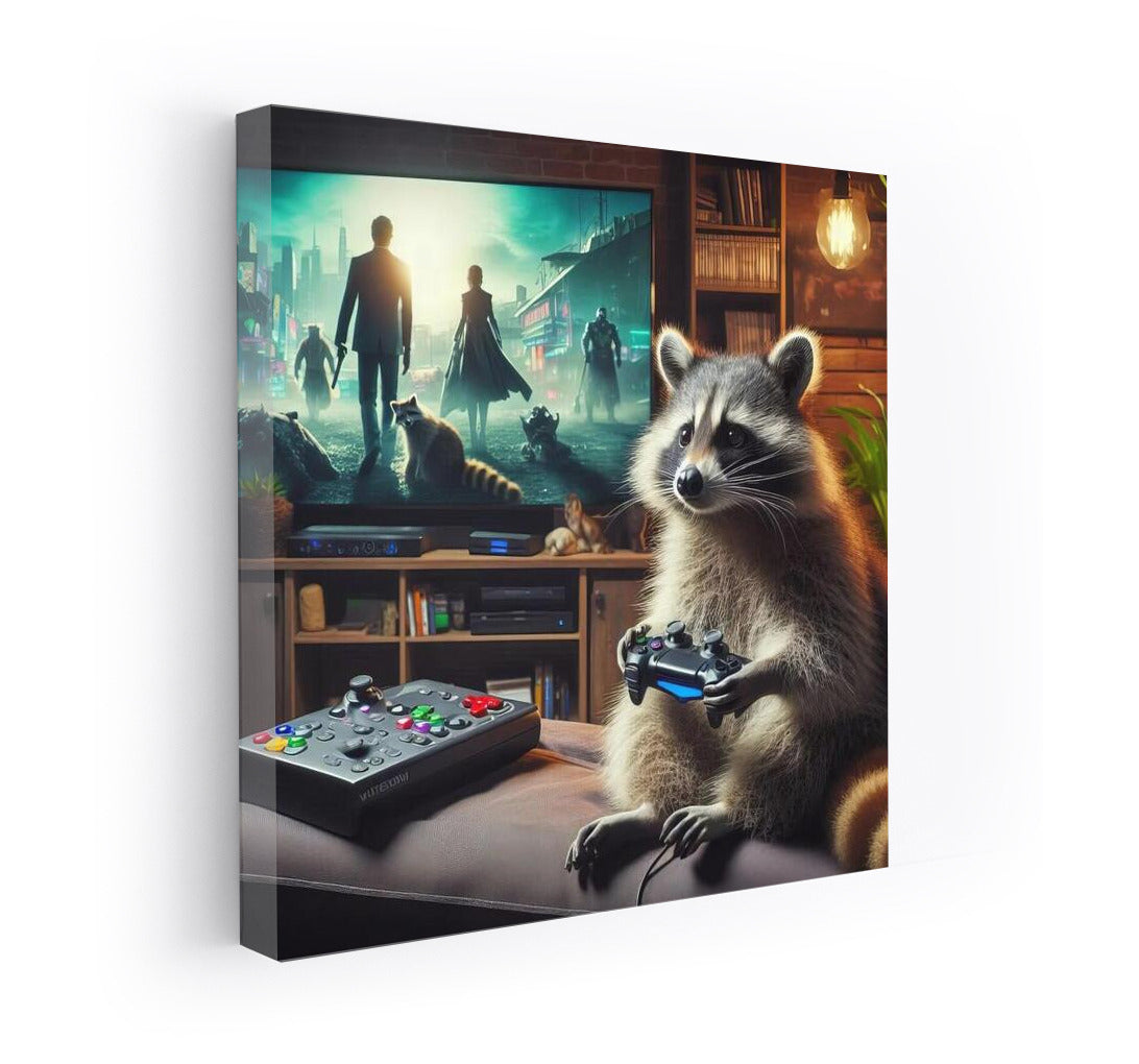 Gaming Raccoon in Home Cinema: Playful Mood