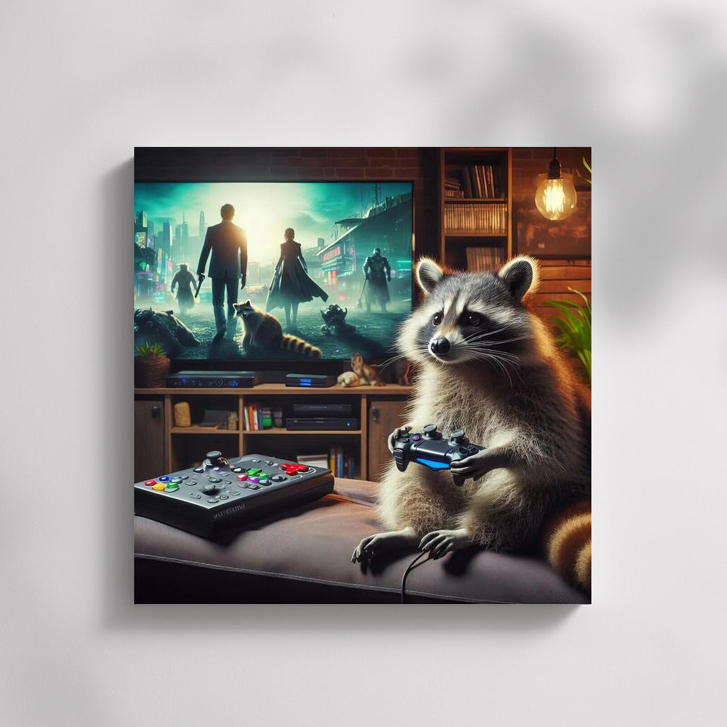 Gaming Raccoon in Home Cinema: Playful Mood