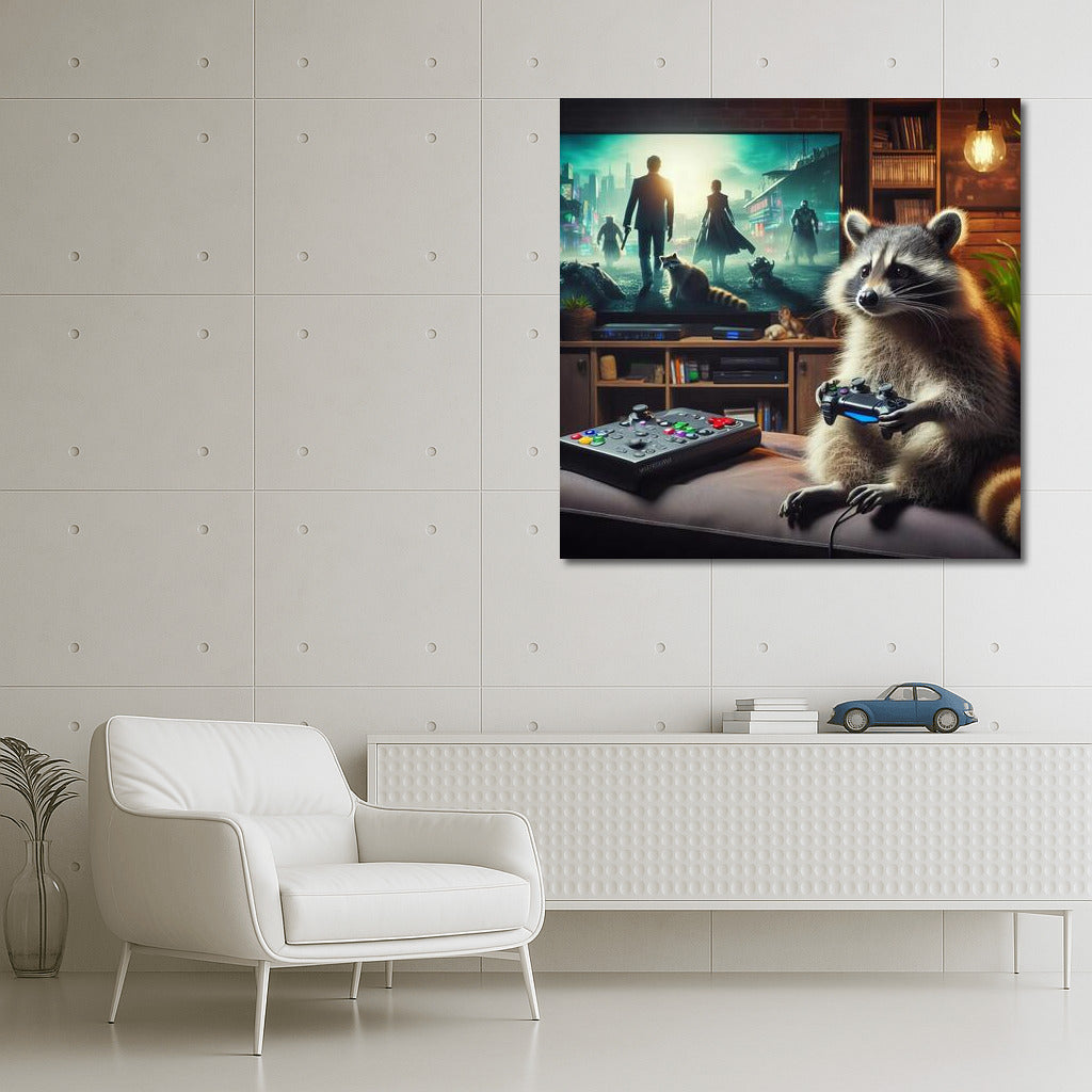 Gaming Raccoon in Home Cinema: Playful Mood