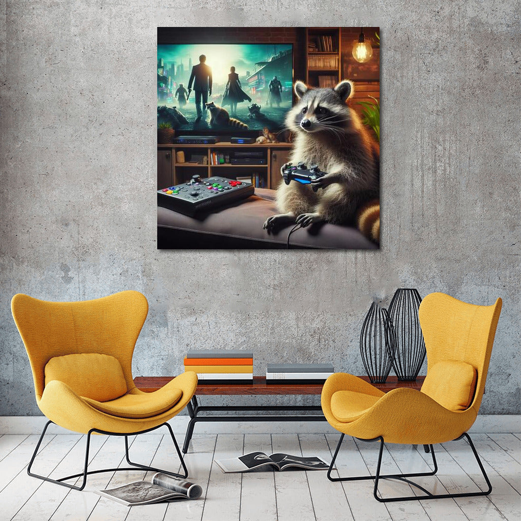 Gaming Raccoon in Home Cinema: Playful Mood