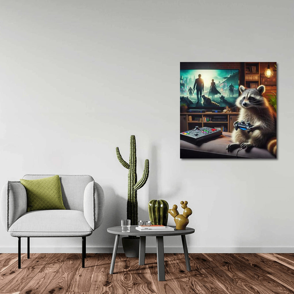 Gaming Raccoon in Home Cinema: Playful Mood