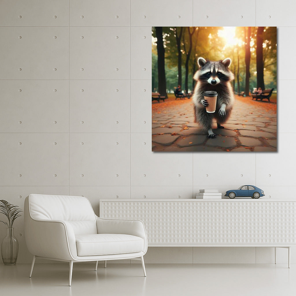 Raccoon with Coffee in the Park: A Cozy Masterpiece for the Home