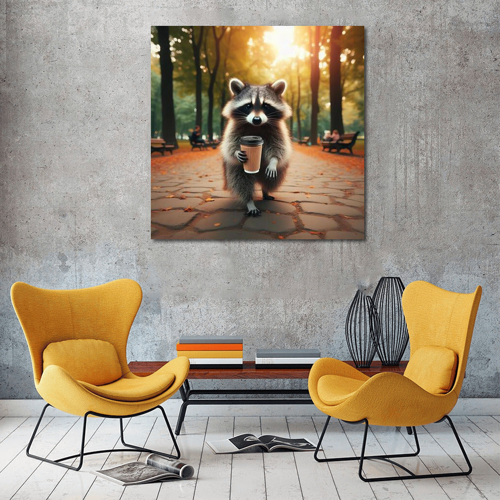 Raccoon with Coffee in the Park: A Cozy Masterpiece for the Home
