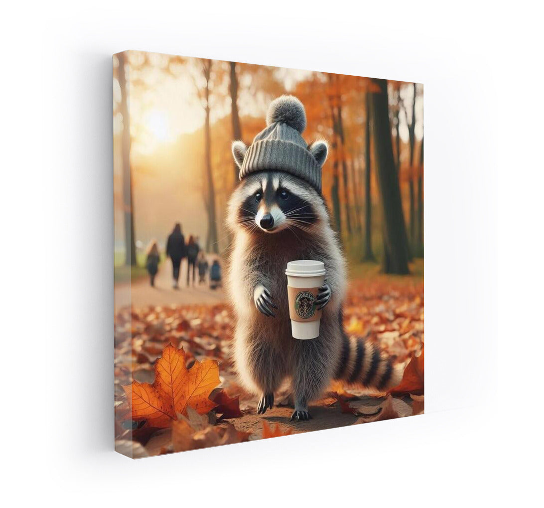 Raccoon in a Hat: Autumn Promenade with Coffee in the Park