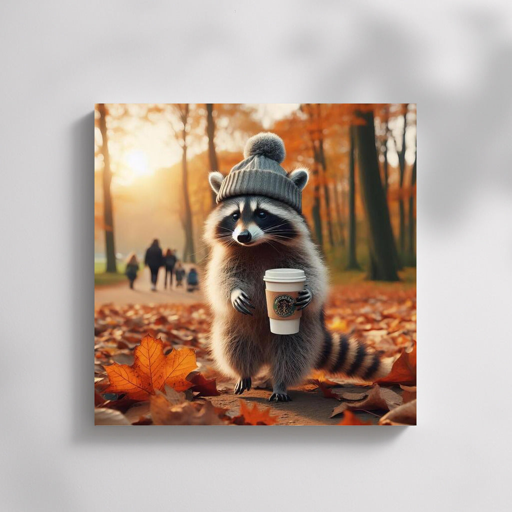 Raccoon in a Hat: Autumn Promenade with Coffee in the Park