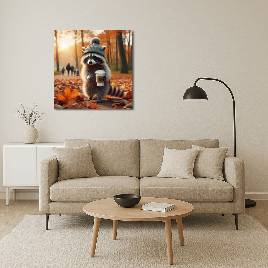 Raccoon in a Hat: Autumn Promenade with Coffee in the Park
