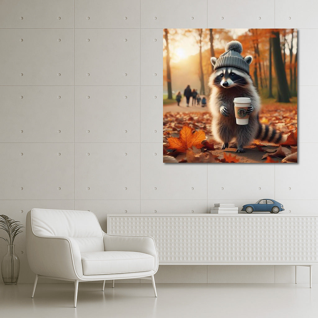Raccoon in a Hat: Autumn Promenade with Coffee in the Park