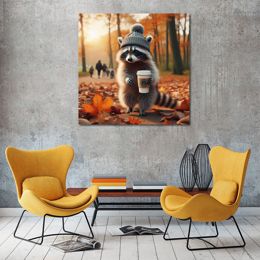 Raccoon in a Hat: Autumn Promenade with Coffee in the Park
