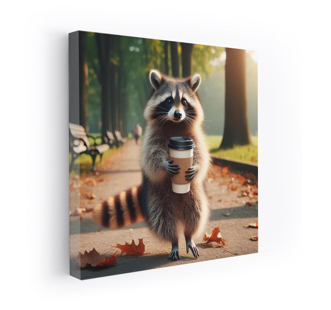 Raccoon with Coffee on a Walk in the Park: Charm in Motion