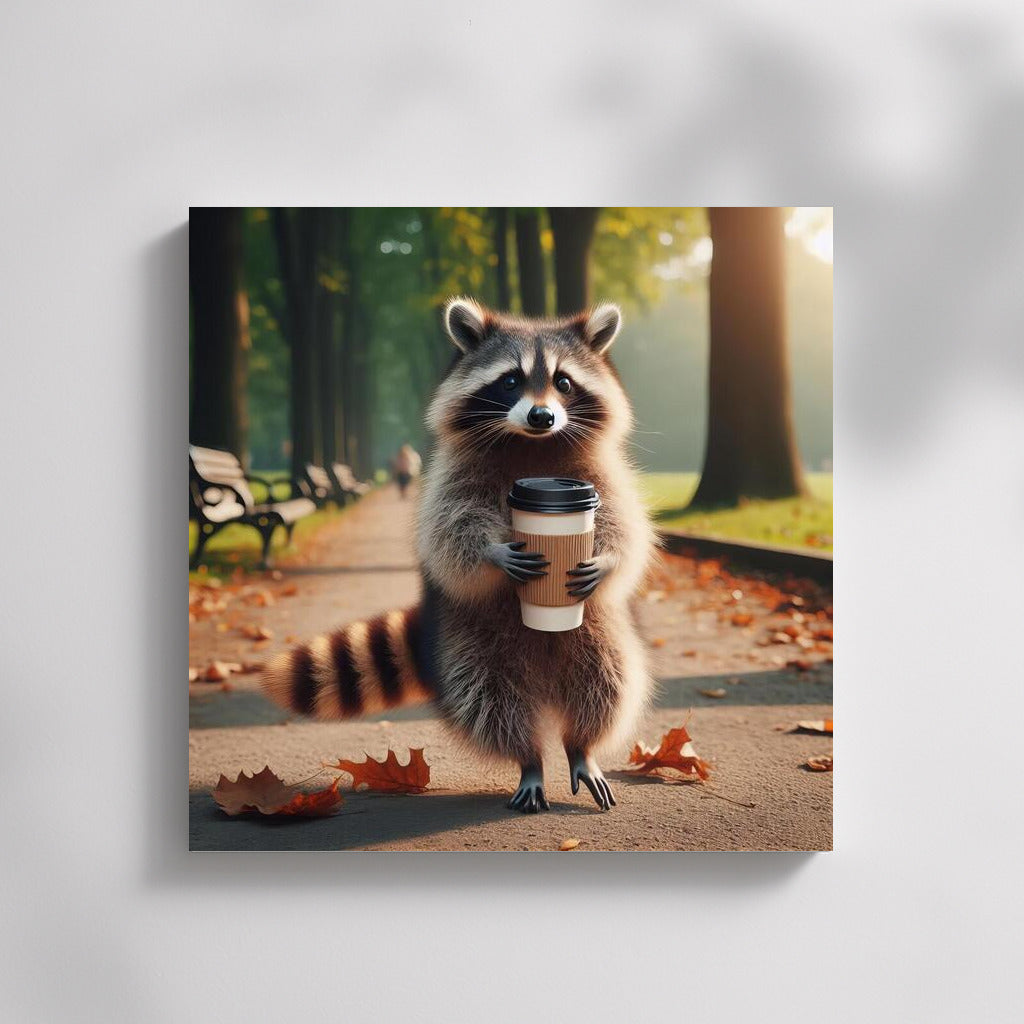 Raccoon with Coffee on a Walk in the Park: Charm in Motion