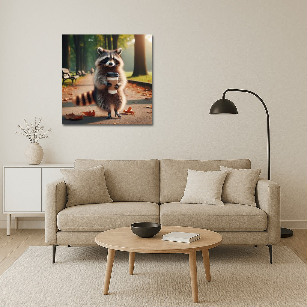 Raccoon with Coffee on a Walk in the Park: Charm in Motion