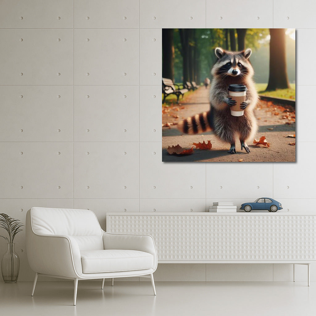 Raccoon with Coffee on a Walk in the Park: Charm in Motion