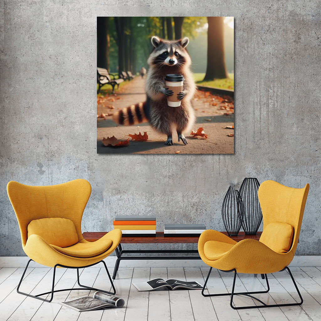 Raccoon with Coffee on a Walk in the Park: Charm in Motion