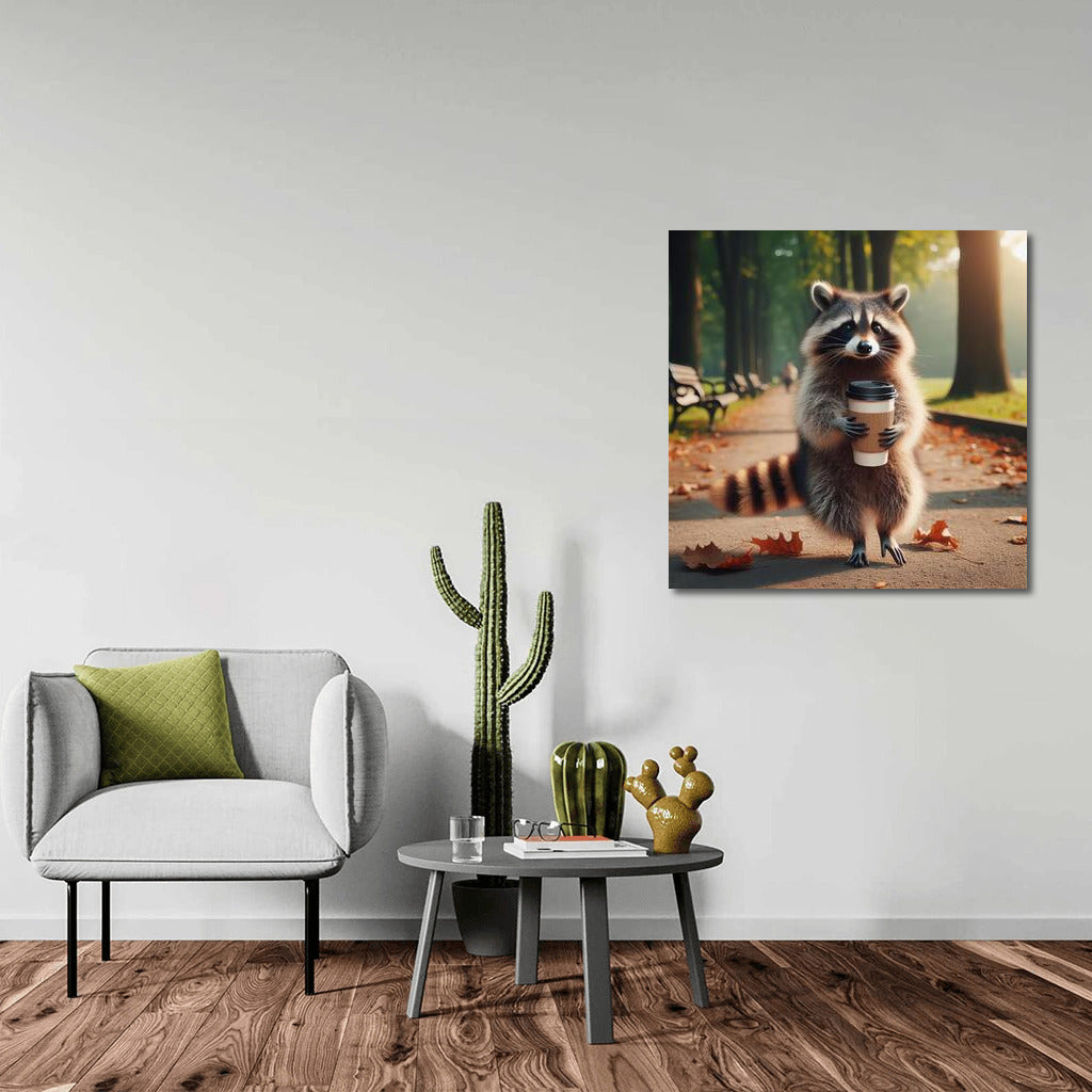 Raccoon with Coffee on a Walk in the Park: Charm in Motion