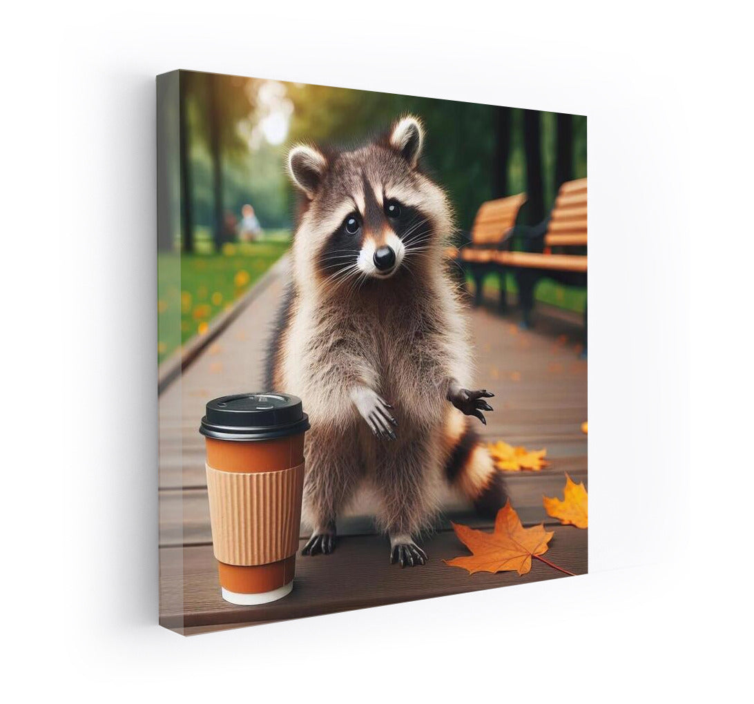 Raccoon with coffee in the park: a cozy walk