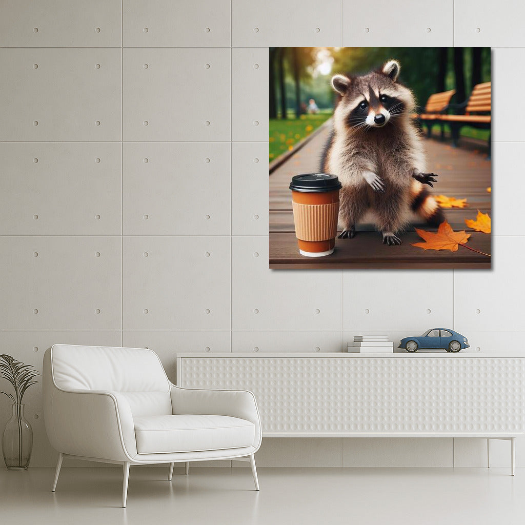 Raccoon with coffee in the park: a cozy walk