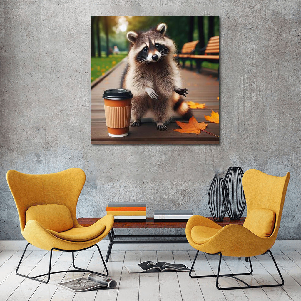 Raccoon with coffee in the park: a cozy walk