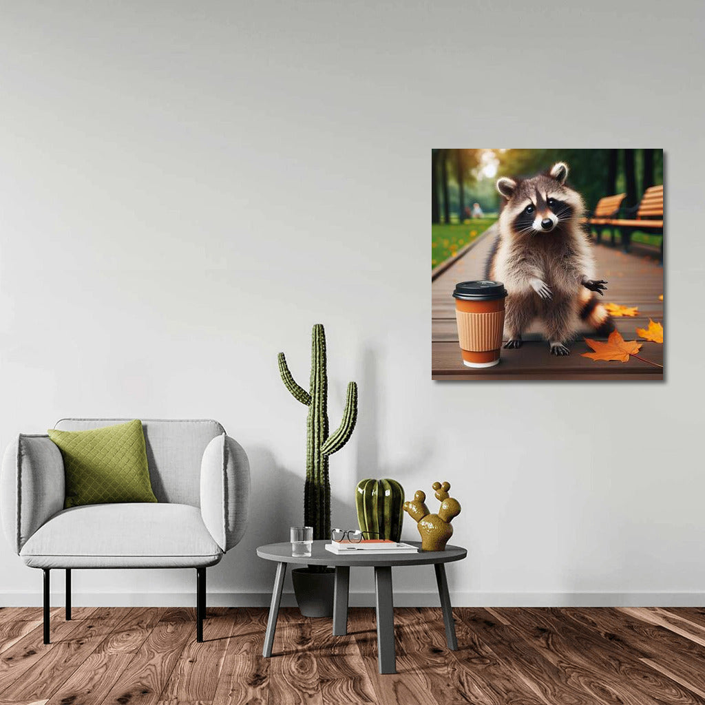 Raccoon with coffee in the park: a cozy walk