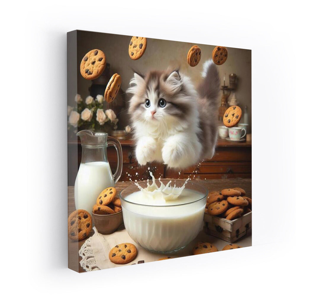 Fluffy Ragdoll in a milky swirl with flying cookies