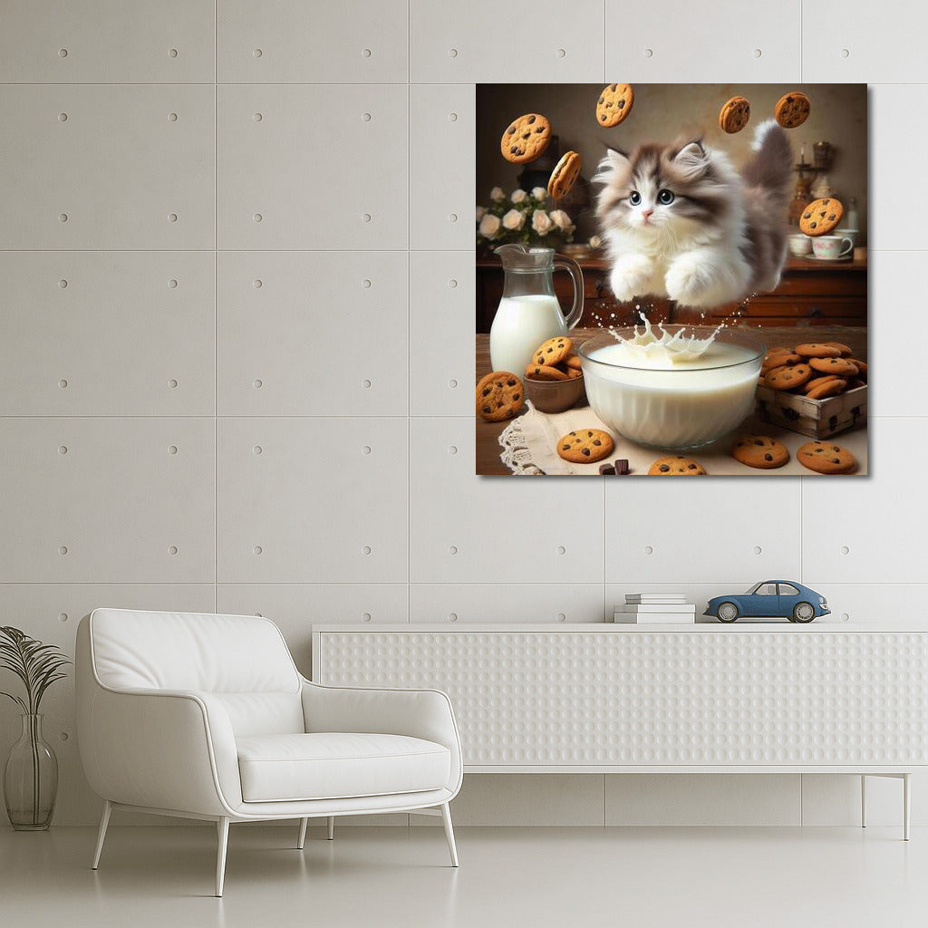 Fluffy Ragdoll in a milky swirl with flying cookies