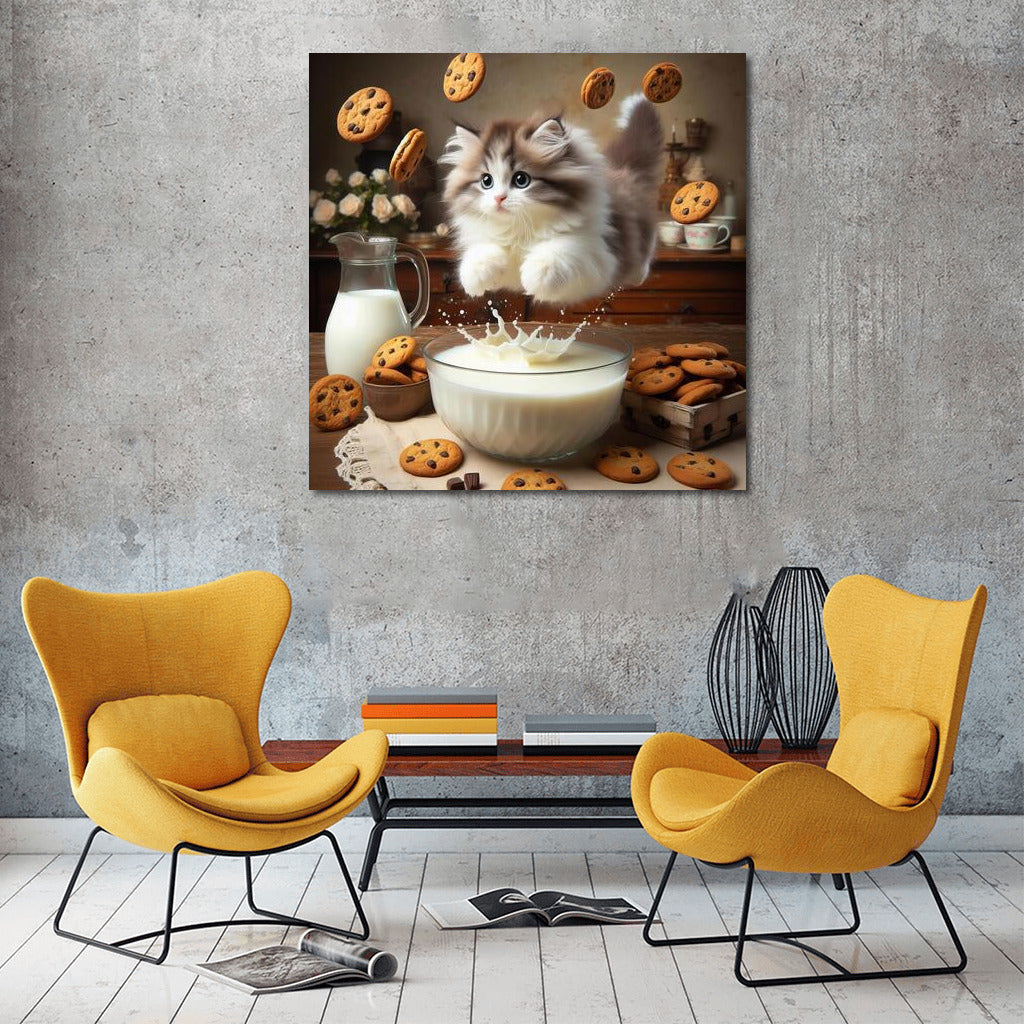 Fluffy Ragdoll in a milky swirl with flying cookies