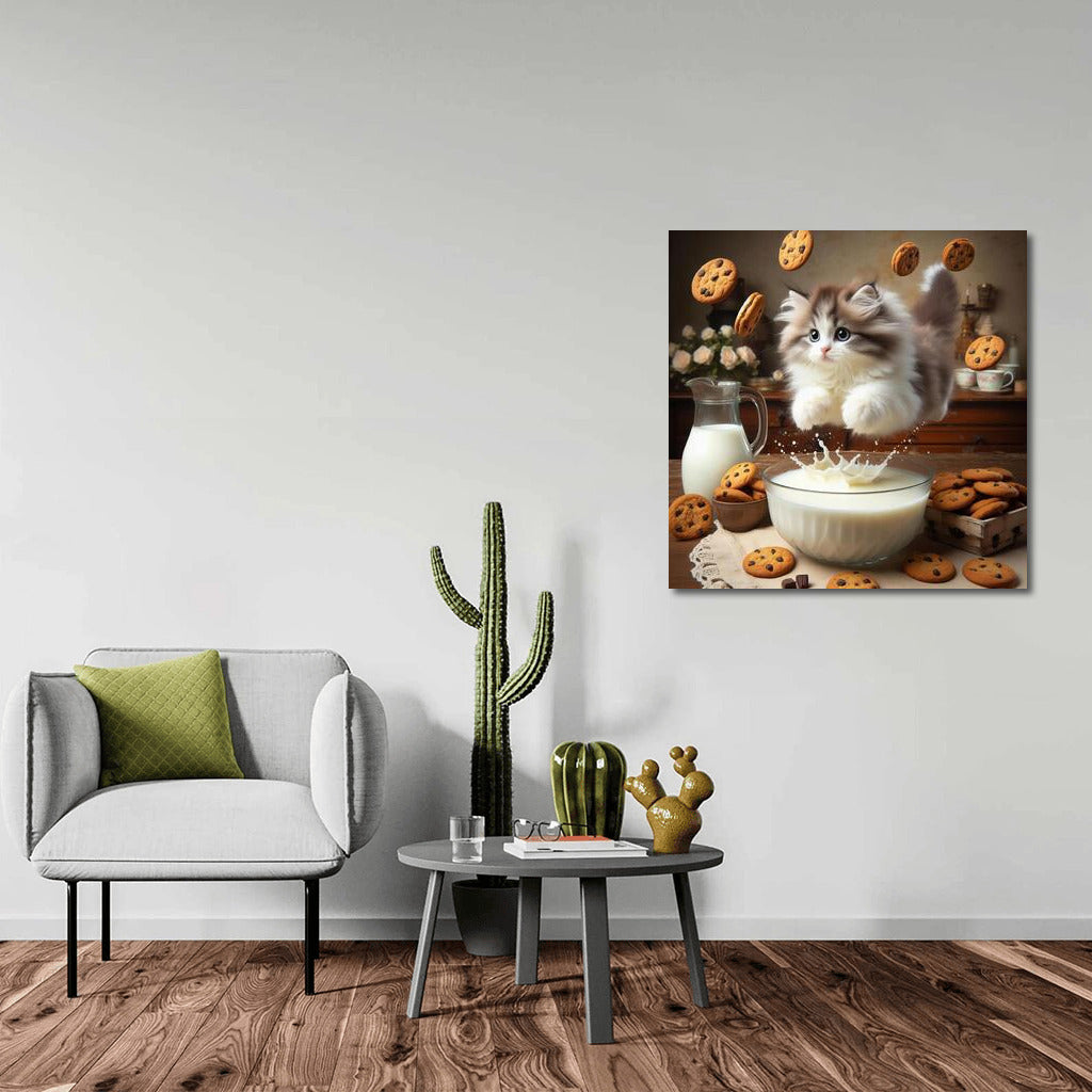 Fluffy Ragdoll in a milky swirl with flying cookies